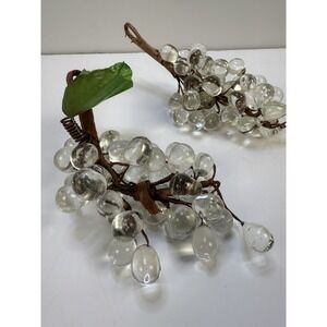 Vintage Clear   Glass Grape Clusters Drops Leaves Wire Stems Solid Glass Floral